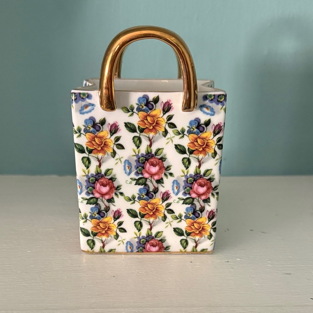 Floral Ceramic Bag with Gold Accents